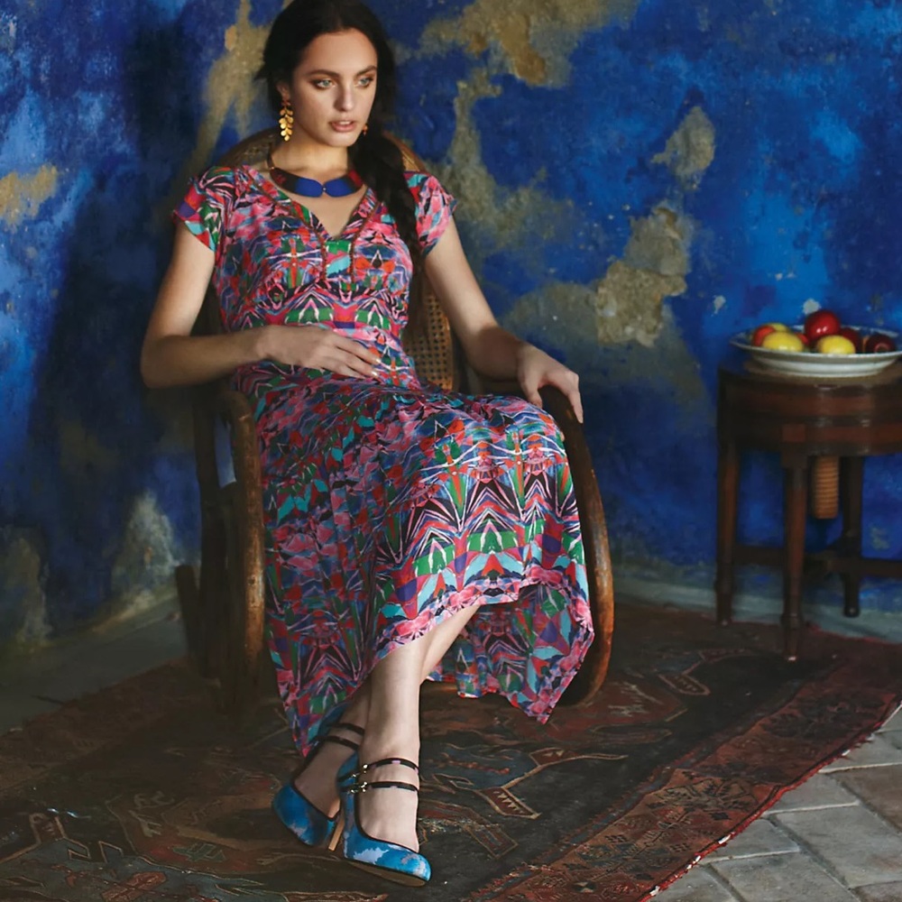 Anthropologie Vanessa Virginia Mural Maxi Midi Dress Boho Hippie Beaded Size 4